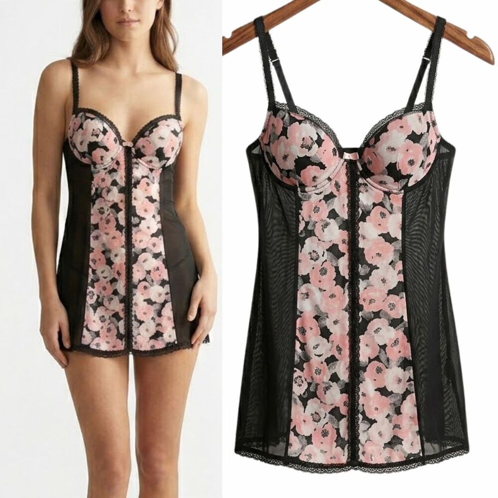 Marilyn Monroe Sheer Floral Lace Babydoll Chemise Lingerie Slip Dress Black Pink